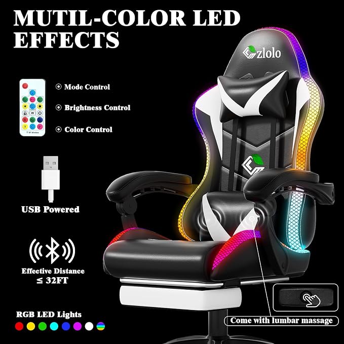 Czlolo Gaming Chair, Racing Style RGB LED Lights Gaming Chairs for Adults and Kids, Lumbar Massager Gamer Chair, High Back Reclining Computer Chair with Footrest and Headrest (Black/White) - Image 4