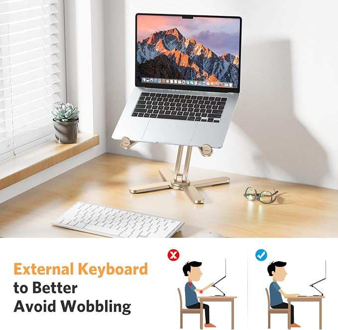 OMOTON LA10 360° Rotating Laptop Stand Riser Foldable for Desk, Gold | Aluminium Aolly, Tool-free Adjustable Height Angles, Collaborative Work, Easy Storage, Fits 11"-17" MacBook Pro/Air, Dell, HP - Image 4
