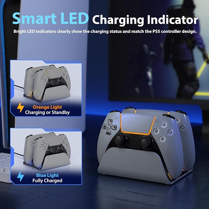 PS5 Controller Charger Station with LED Indicator,Self-Aligning Charging Dock,Dual Controller Fast Charging Dock,Desktop Display Stand for PlayStation 5 (Grey) - Image 5