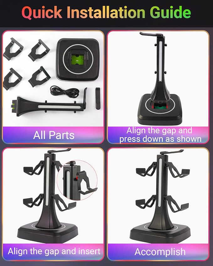 Controller Headset Stand for PS5, Xbox, Switch | 10 RGB light modes,Universal compatibility,360° rotatable headphone holder,Stable,Scratch protection,Easy assemble,Gamer gift - Image 5