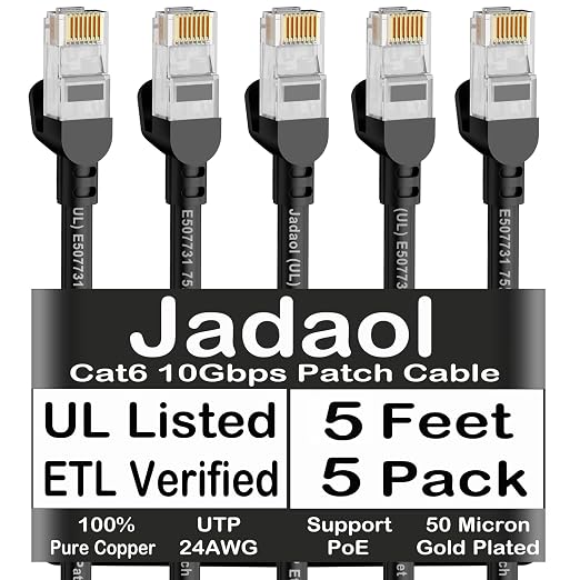 Jadaol [UL Listed Cat 6 Ethernet Cable 5ft 5Pack 10Gbps 24AWG PoE++, Black by Jadaol