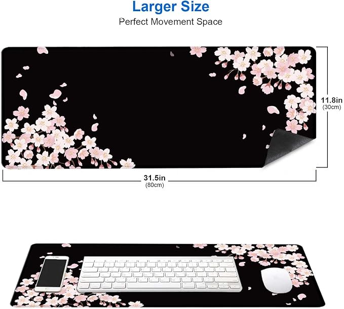 IMAYONDIA Sakura Japanese Desk Mat, Cherry Blossom Large Gaming Mouse Pad, Black Elegant Floral Mousepad for Women, Minimalistic Flower Aesthetic Desk Pad for Work, Game, Office, 31.5x11.8 - Image 2