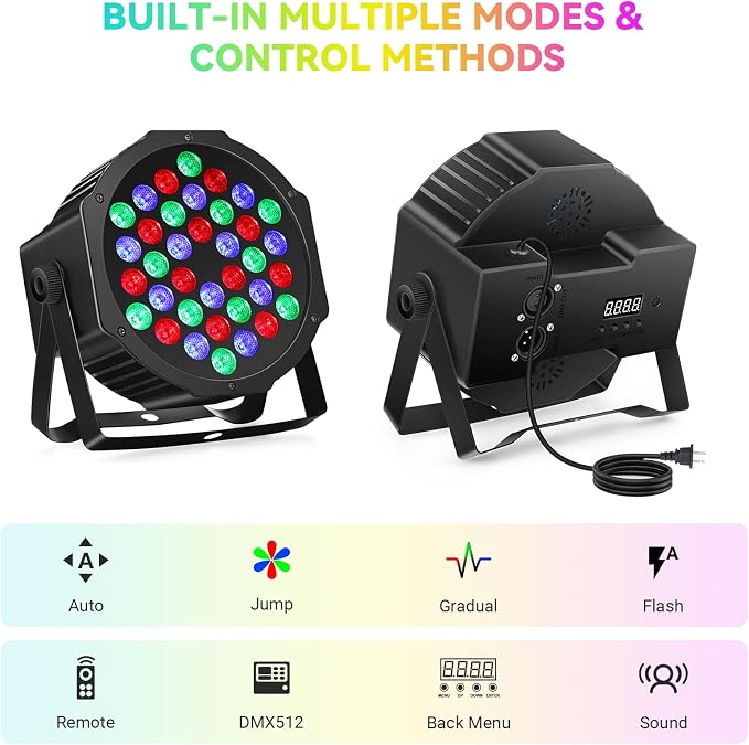 36LEDs RGB Stage Lights 2Pack: 36W LED Par - Sound Activated Remote & DMX Control - Corded Electric Uplights for Events Wedding Party Club Band Music Dance DJ Live Show Church Lighting - Image 3