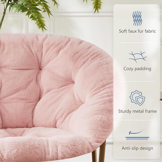 DUMOS Faux Fur Saucer Chair, Living Room Folding Lounge Chair | XL Circle Moon Mushroom Style, Gaming Dorm Small Spaces, Foldable Oversized Accent Seat, Reading - Image 6