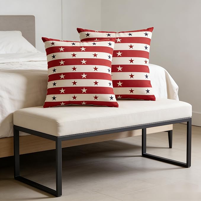 Patriotic Throw Pillow Covers, Stars and Stripes, Red White and Blue, Linen, 18x18 Inch, Set of 2, Zipper Closure，July 4th Independence Day Pillowcase Series - Image 3