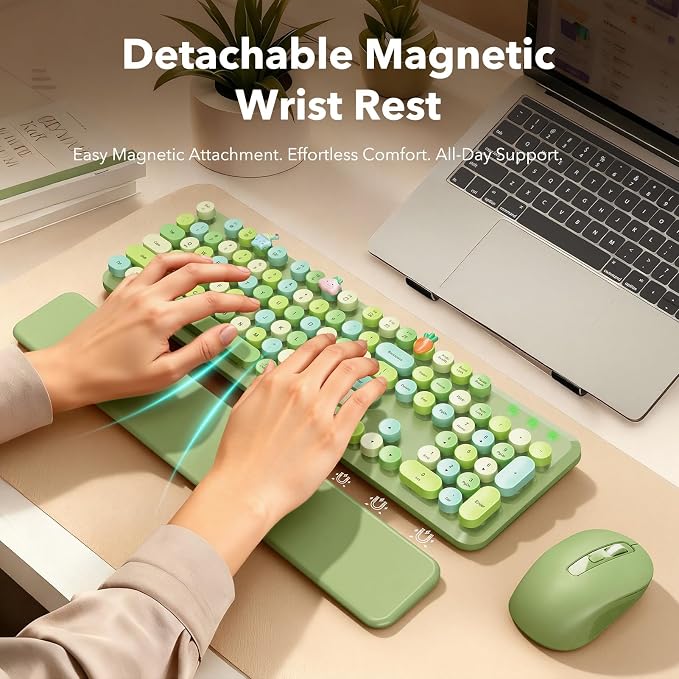 Wireless Keyboard and Mouse Combo, Cute Retro Typewriter Keyboard with Round Keycaps and Magnetic Wrist Rest, Full-Size 2.4GHz Cordless for Mac, Windows PC, Laptop, SABLUTE CK23, Green Multi-Color - Image 2