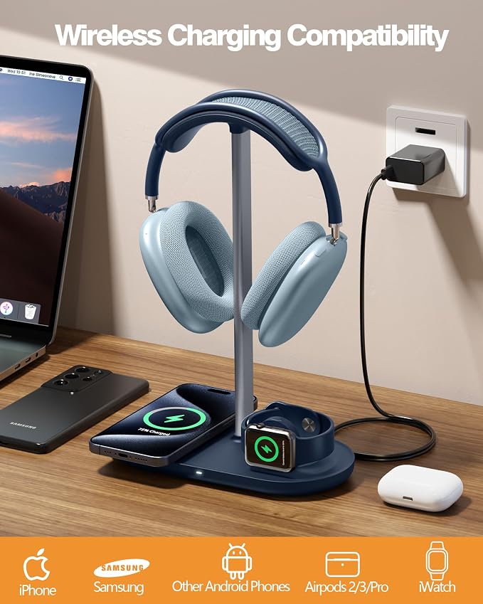 HiWe Headphone Stand, 2-in-1 MagSafe Wireless Charger for iPhone/iWatch | Headset Holder for All Headphones, Aluminum Alloy Bar, ABS Solid Base, PU Headrest, Table Desk Organizer - Image 3
