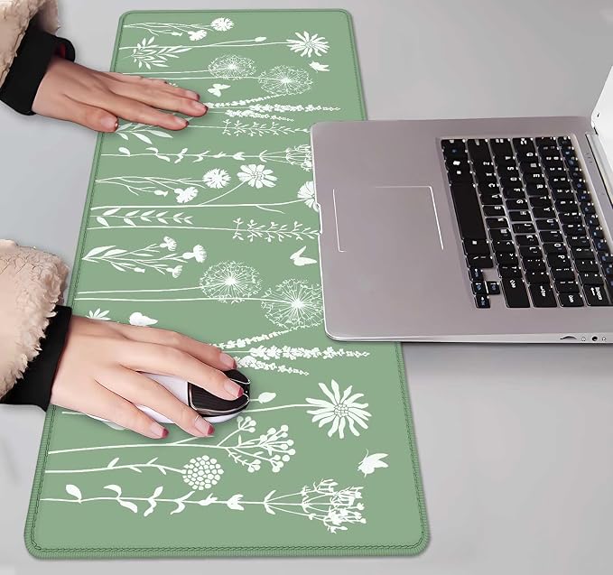 IMAYONDIA Cute Sage Green Desk Mats Mousepad, Plant Floral Anime Deskmat, Aesthetic Desk Pad, Minimalist Mint White Leaves Large Gaming Mouse Pad, Decor Accessories, 31.5 X 11.8 - Image 7