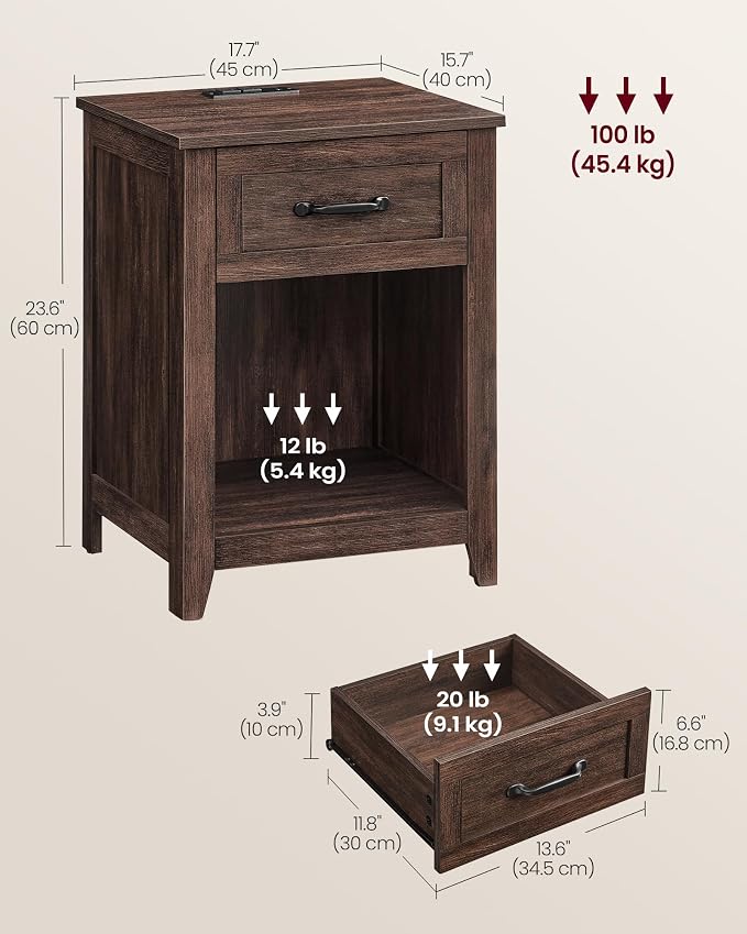 VASAGLE Farmhouse Nightstand with Charging Station, 1 Drawer - Image 3