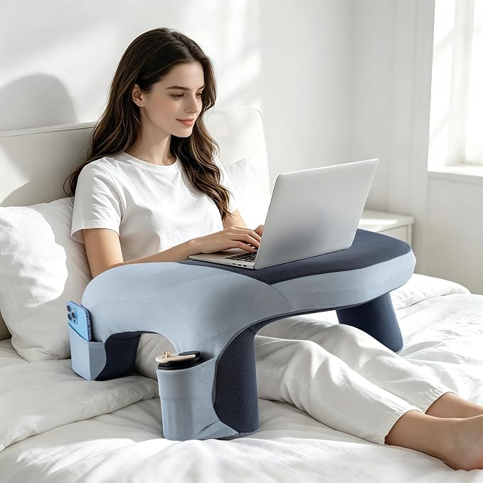 Ergonomic Curved Lap Desk Pillow for Gaming & Reading, Soft Memory Foam Lap Laptop Desk with Cup Holder & Phone Pocket, Breathable Non-Slip Lap Pillow for Bed Couch, Ideal Gamer Gift (Accents) by MOONYOOY