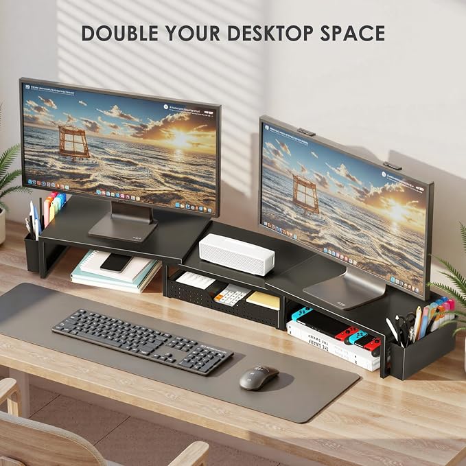 OPNICE Desk Organizers and Accessories, Dual Monitor Stand Riser with Drawer and 2 Pen Holders, Desk Shelf Computer Racks for Office Workspace Organizers, Desktop Organization (Black) - Image 4