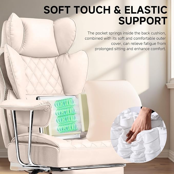 COMHOMA Big and Tall Office Chair, High Back Leather Gaming Chair with Footrest, Executive Ergonomic Office Chairs with Pocket Spring Lumbar Support and with Outward Fixed Soft Armrests - Image 4