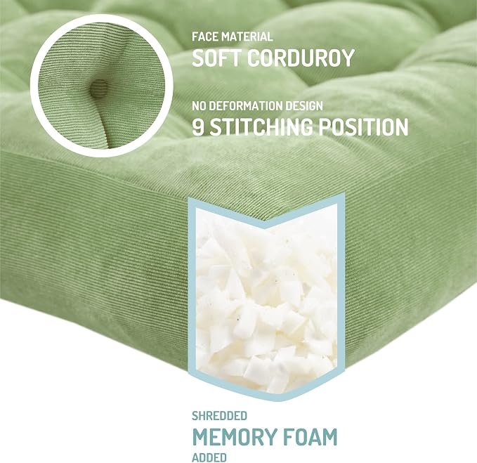 Floor Pillows Set of 2, Large Meditation Cushion for Adults, 22 Inch Square | Reading nook & office use, Tatami seating, Corduroy cover, 3.5 in thick, Shredded memory foam fill, Green yoga pad - Image 2