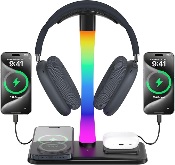 Headphone Stand with Wireless Charger,Gaming Headset stand with RGB Light Mode,For Airpod Max Stand Compatible with Airpod Pro/3/2,For iPhone 17/16/15/14/13/12/11,Gifts for Gamers & Music Lover(Black) by Unknown