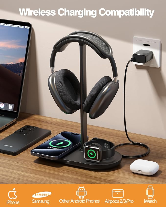 HiWe Headphone Stand, 2-in-1 MagSafe Wireless Charger for iPhone/iWatch | Headset Holder for All Headphones, Aluminum Alloy Bar, ABS Solid Base, PU Headrest, Table Desk Organizer - Image 3