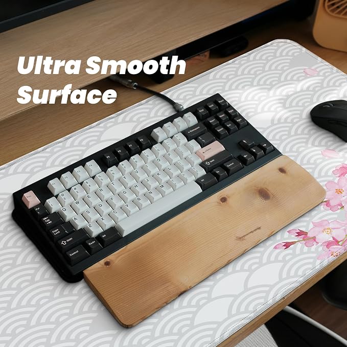 Gaming Mouse Pad with Anti-Slip Rubber Base, Extended Large Computer Mouse Mat with Stitched Edges, Long XL Anime Mousepad for Laptop and Keyboard, 31.5 x 11.8 inch (Grey Cherry Blossom) - Image 5
