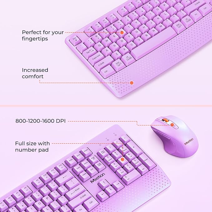MEETION Wireless Keyboard and Mouse Combo, Full-Size with Wrist Rest Purple - Image 5