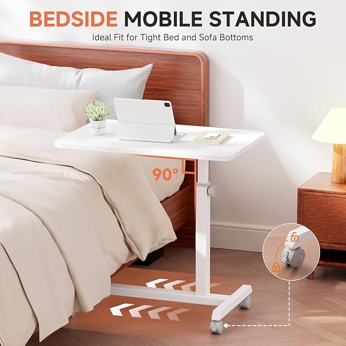 GTPLAYER Small Standing Desk, 24 Inches Mobile Rolling Laptop PC Table with Lockable Casters, Adjustable Height Overbed Bedside Table Computer Workstation for Home Office, White-Fixed - Image 6
