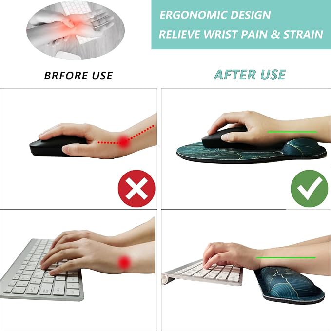 Keyboard Wrist Rest Pad Mouse Pad with Wrist Support Set of 3, Mousepad with Non-Slip Rubber Base, Ergonomic Memory Foam Mouse Wrist Cushion Support for Home Office Laptop Computer, Green Leaves - Image 2