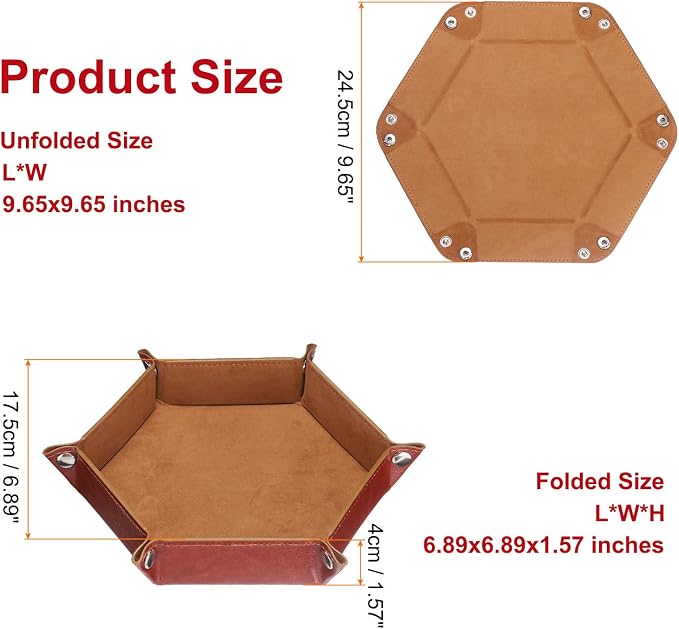 HARFINGTON PU Leather Dice Tray Unisex Valet Tray Folding Hexagon Tray Portable Entryway Table Nightstand Bedside Desk Holder for Key Wallet Watch Coin Jewelry, Brown - Image 2