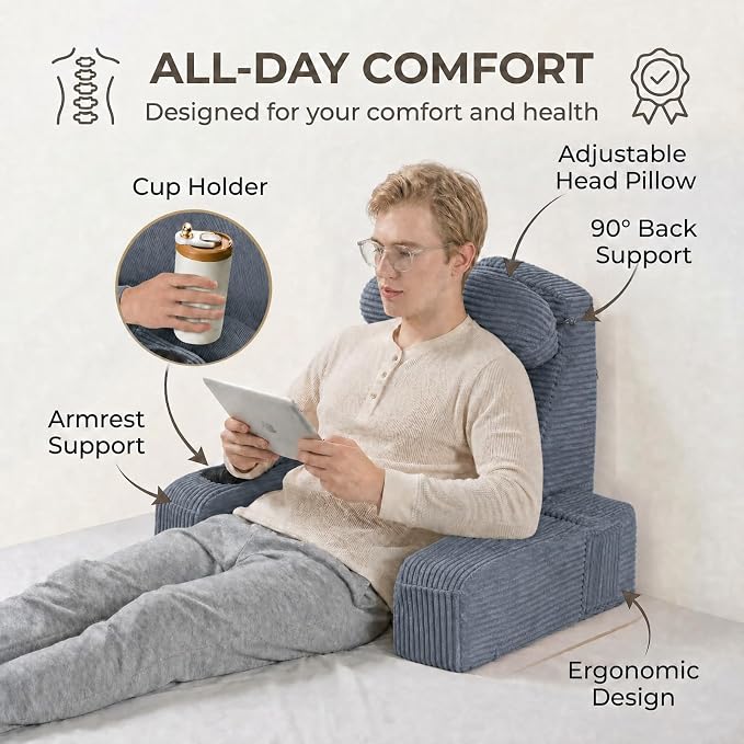 Reading Pillow for Adults, Back Pillow for Bed Sitting Up, Backrest Pillow for Sitting in Bed, Detachable Arms with Built-in Cup & Phone Caddy (Dark Gray-Corduroy, 19 INCH) - Image 5