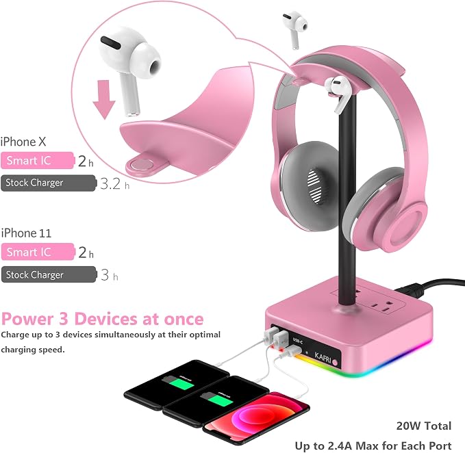 KAFRI RGB Headphone Stand with USB Charger Desk Gaming Headset Holder Hanger Rack with 3 USB Charging Port and 2 Outlet - Suitable for Gamer Desktop Table Game Earphone Accessories Girlfriend Gift - Image 3