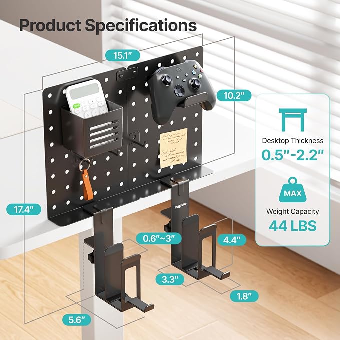 PEGZONE Clamp on Desk Pegboard Shelf, with 2-Slot Under Desk Laptop Holder | with Headphone Holder and Pegboard Accessories, Desk Side Storage for Office Gaming, Desk Organizer, Black - Image 6