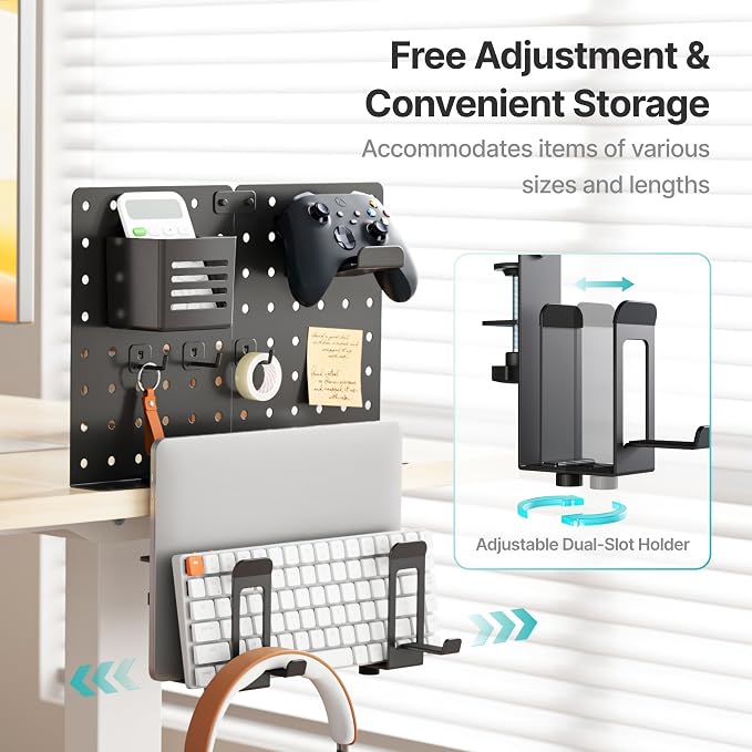 PEGZONE Clamp on Desk Pegboard Shelf, with 2-Slot Under Desk Laptop Holder | with Headphone Holder and Pegboard Accessories, Desk Side Storage for Office Gaming, Desk Organizer, Black - Image 3