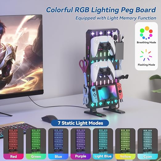 KDD 6 in 1 RGB Gaming Desk Accessories - No Drill Desk Organizer with Phone Stand/Storage Box/Headset & Controller Holder/Hooks, Freestanding Gaming Pegboard for Office & Home Desktop Decor Organizer - Image 4