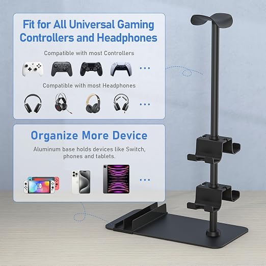 MANMUVIMO Headset Stand Controller Holder for 1 Headset and 4 Controller, Headphone Game Controller Stand for Desk, Gamer Gifts, Organizer Rack for iPad/Mobile Phone, Gaming Room Accessories - Image 2