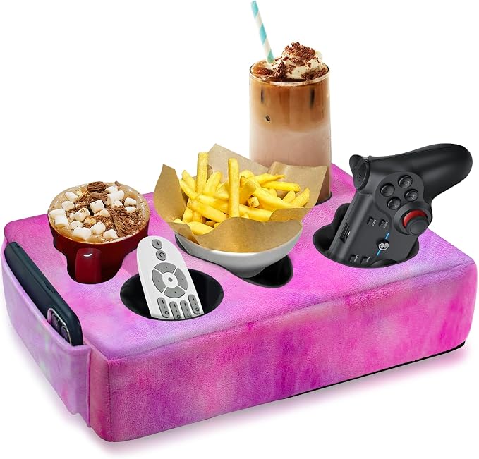 Couch Cup Holder Pillow, 5 Hole Couch Drink Holder! Keep Drinks Hand Side and Keep Temp, Prevent Spills and Use Anywhere. Cup Holder for Couch, Bed, Camping, RV, Car, Beach. Rose Purple by NISDOING