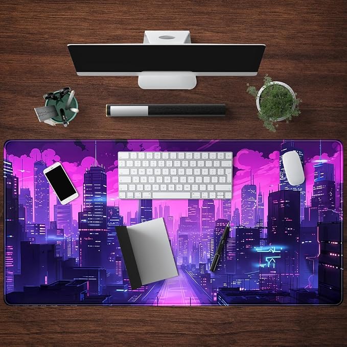 Cyberpunk Neon Purple City Gaming Desk Mouse Pad XL Pink Extended Mouse Pad Gaming, Keyboard Pc Office Laptop Mousepad Large, 31.5x15.8 in with Stitched Eges Non-Slip Base Mouse Pads - Image 4
