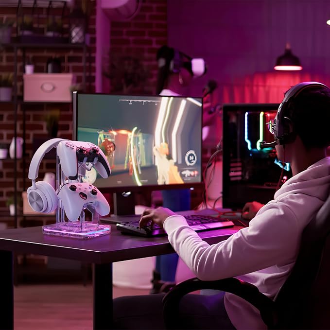 Luckit Gaming Headphones Stand, RGB Headset Stand with 2 USB Charging Ports, Dual Controller Holder with Light Modes, Earphone Hanger Accessories for Desktop Gamer - Image 6