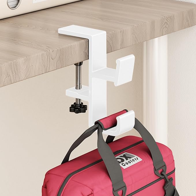 Desk Hook for Bag, Under Desk Handbag Hanger, Purse Hook for Table, Aluminum Backpack Holder, Desk Mount Hook for Umbrellas, Headphone, Back to School Supplies, White by Sereficy