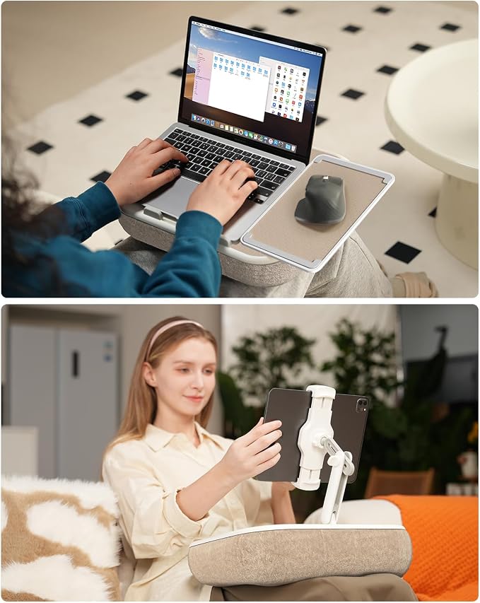 Viozon Kindle Pillow Stand Holder, Phone Holder for Bed, Laptop Lap Desk with Mouse Pad,Compatible with 4.7-13" Kindle/Tablet/Phone,10-15" Laptop, Snack Bowl&Cup Attachment&Detachable 360° Stand Arm - Image 3