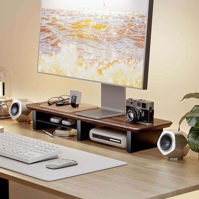 PEGZONE 31.5" Dual Monitor Riser, Metal Shelf Wooden Desk Organizer | Walnut Wooden Desk Shelf for 2 Monitors/TV,Monitor Stand Riser for Desk, Wood Monitor Stand Organizer for Home Office - Image 2