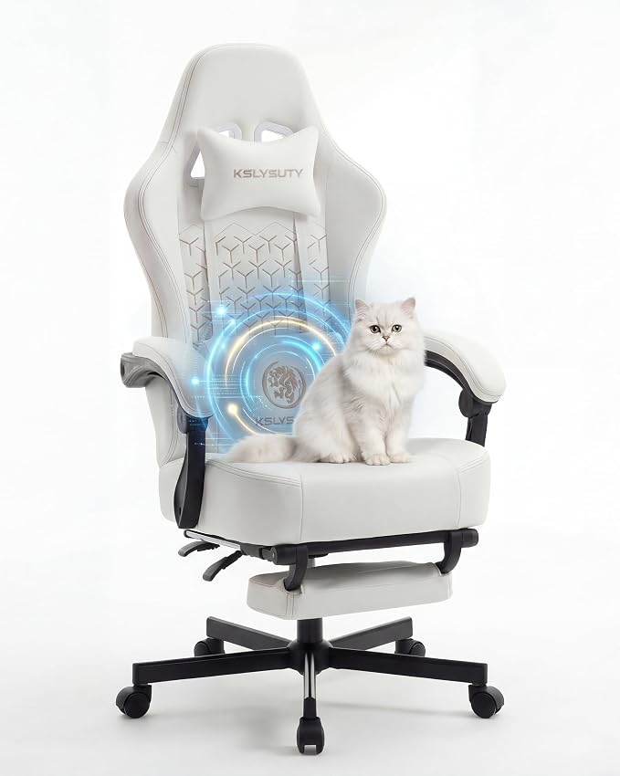 Desk Computer Gaming Chair - Ergonomic Game Office Chair with Extended Footrest and Massage Lumbar Support, Home Gamer Video Game Chairs with Spring Cushion for Adults (Pro White Leather) by KslysutyFurniture