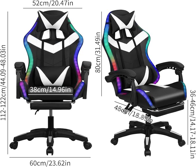 Gaming Chair with 2 Bluetooth Speakers & Lights, Ergonomic High-Back Office Chair with Headrest & 135° Recline, 360° Swivel Height Adjustable Faux Leather Computer Chair for Gaming, Office & Study - Image 3