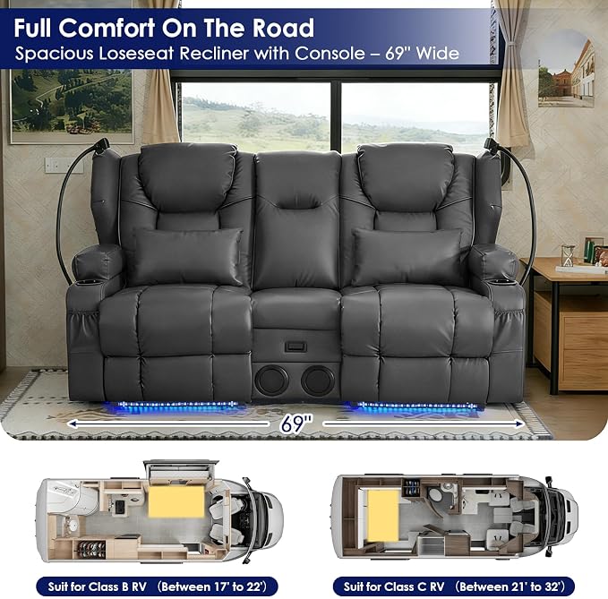 Redlife Power Loveseat Recliner Sofa with Console, Blue LED Lights - Image 8
