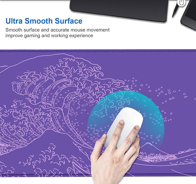 IMAYONDIA Great Wave Large Gaming Mouse Pad, Purple Minimalist Japanese Desk Mat, Gamer Aesthetic Extended Mousepad Cute, Non-Slip Rubber Base Lilac Desk Pad for Office- 31.5 X 11.8 Inch - Image 4
