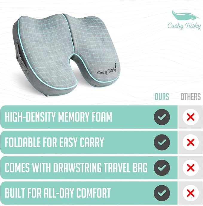 Cushy Tushy Premium Slim Foldable Travel Seat Cushion - for Relief of Lower Back, Sciatic, Butt and Tailbone Pain - for Home & Office Use, Perfect for Travel or Driving - Slim Coccyx Seat Cushion - Image 8