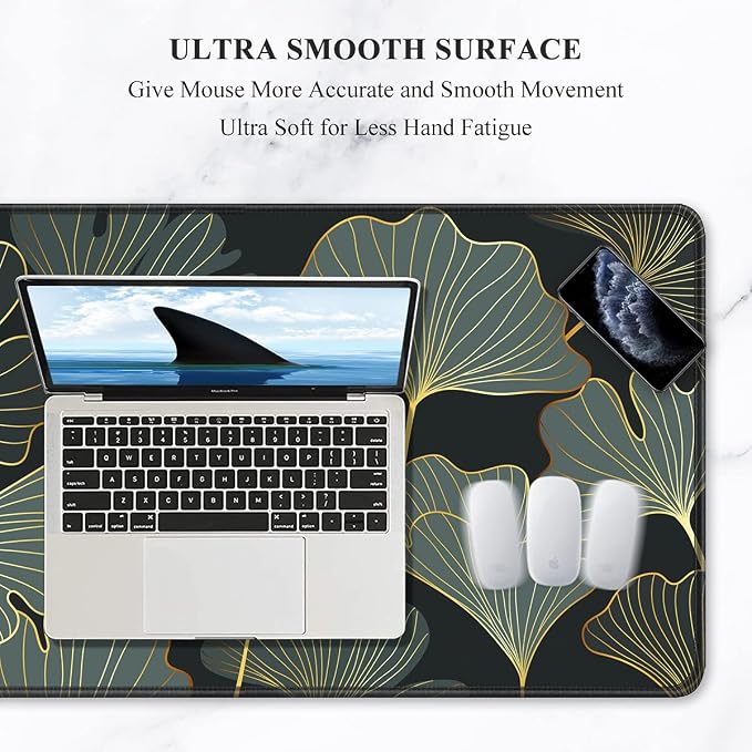 Auhoahsil Extended Mouse Pad, XXL Gaming Mouse Pads, Large Big Mousepad Laptop Computer Keyboard Mat Desk Pad with Non-Slip Base Stitched Edge for Gaming Office, 35.5 x 15.7 inch, Gold Line Leaves - Image 3