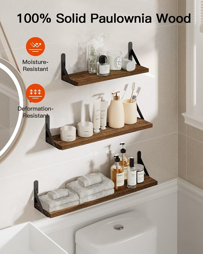 Amada Solid Paulownia Wood Wall Shelves, Large Size, 6 Pcs, Brown - Image 6
