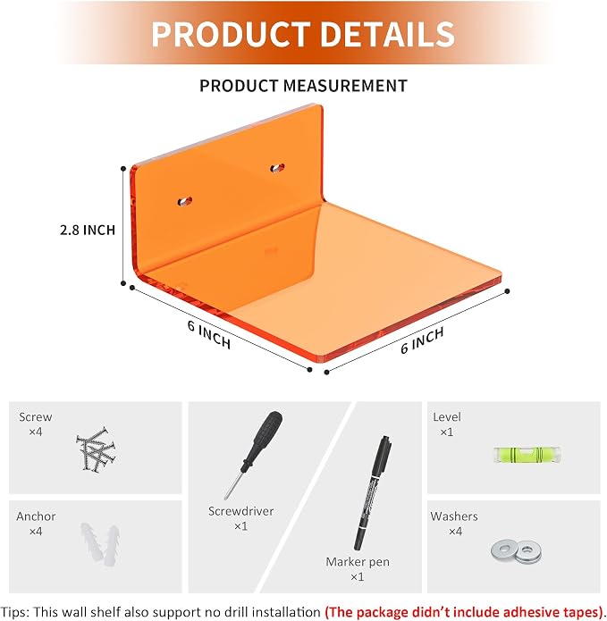 Sezanrpt 6 Inches Small Orange Wall Shelves Set of 2, Wall Mounted Display Shelf Rack for Bedroom, Living Room, Smart Speaker, Clock, Decoration, 2 Pack - Image 2