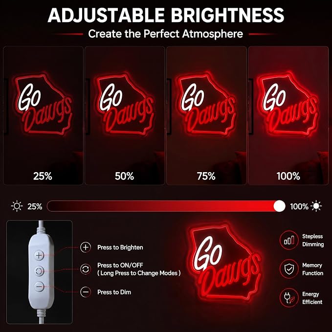 Go Dawgs Neon Sign, Red and White Georgia State Map Shaped LED Light Up Sign for Wall Decor, College Football Game Day Neon Light for Man Cave Sports Bar Room, Fans Spirit Gifts with Switch - Image 6