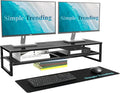 Simple Trending 2-Tier Dual Monitor Stand with Mouse Pad, Metal, Black | 32"W x 10"D x 7"H. Mesh cooling. Holds 100 lbs. Bottom tier fits keyboard & Xbox. Non-slip base. Free mouse pad. by SimpleTrending
