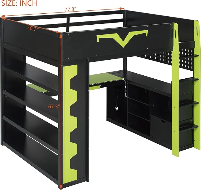 Merax Full Size Gaming Loft Bed with Desk and RGB LED Lights, Pro-Gamer Bed with Power Outlet, Large Bookshelf, Pegboard, Keyboard Tray & Drawer, Green - Image 2