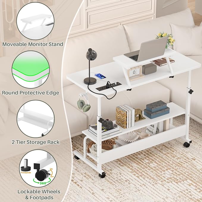 Height Adjustable Standing Desk with Power Outlets and LED Lights - 39" Manual Stand Up Desk with Monitor Stand and Storage Shelves Small Mobile Rolling Computer Desk Portable Laptop Table, White - Image 6