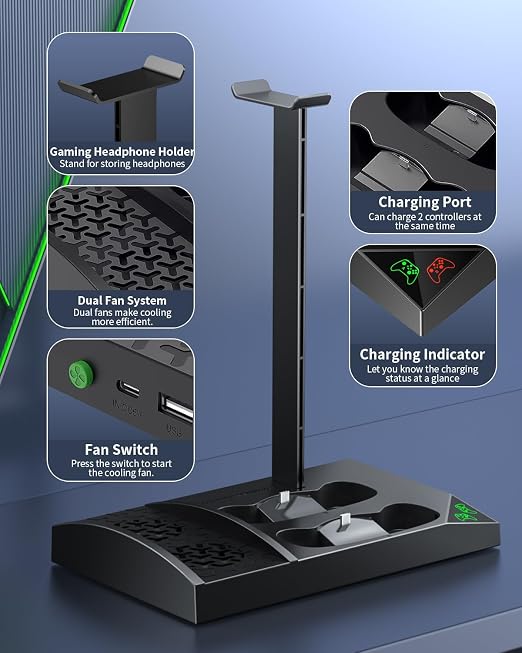 Charger Stand with Cooling Fan for Xbox Series S Console and Controller,Vertical Dual Charging Dock Accessories with 2 x 1400mAh Rechargeable Battery and Cover, Earphone Bracket for XSS(Black) - Image 2