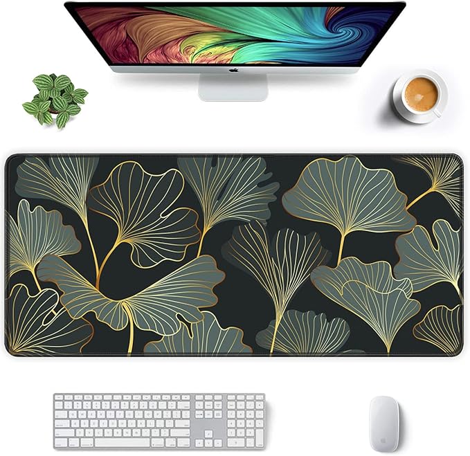 Auhoahsil Extended Mouse Pad, XXL Gaming Mouse Pads, Large Big Mousepad Laptop Computer Keyboard Mat Desk Pad with Non-Slip Base Stitched Edge for Gaming Office, 35.5 x 15.7 inch, Gold Line Leaves by Auhoahsil